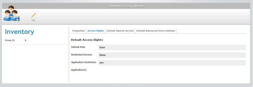 Operator Group Details Page Access Rights Tab App Restrictions