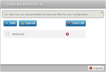 Upload Resource to Configuration window