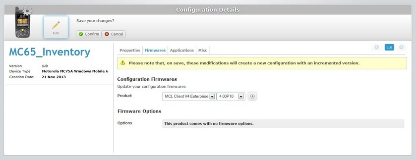 Configuration Details Firmwares tab edit