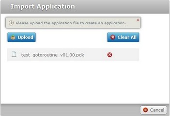 Import Application window Upload