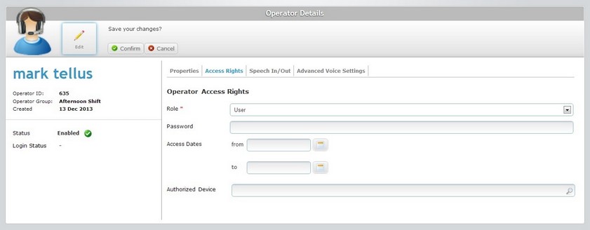 Operator Details Page Access Rights Tab Edit