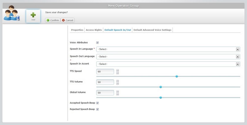New Operator group Page Default Speech In Out Tab Voice