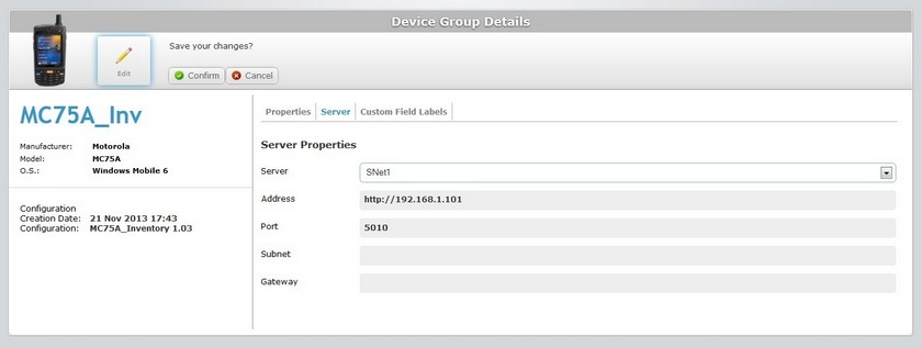 Device Group Details Page Server tab Edit